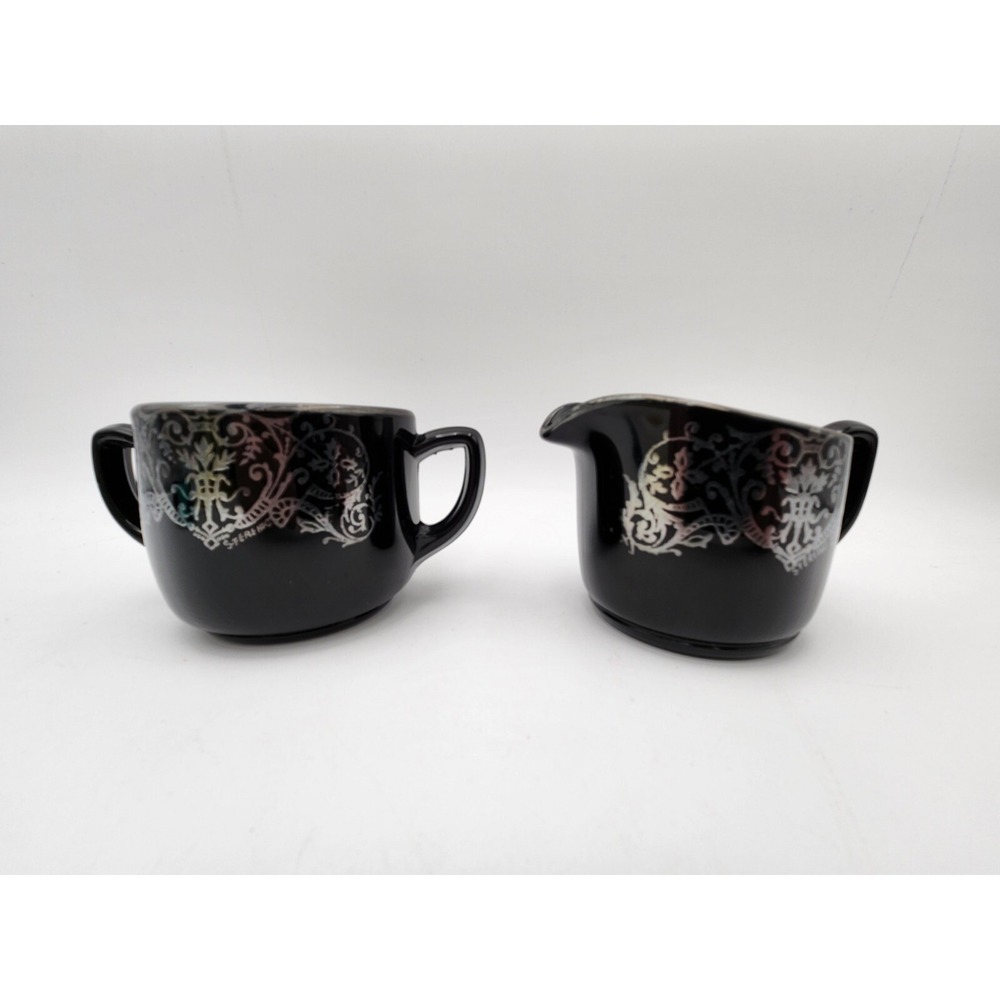 Vtg Black‎ Amethyst Glass Creamer & Sugar W/ Silver Design Rockwell Silver Co?